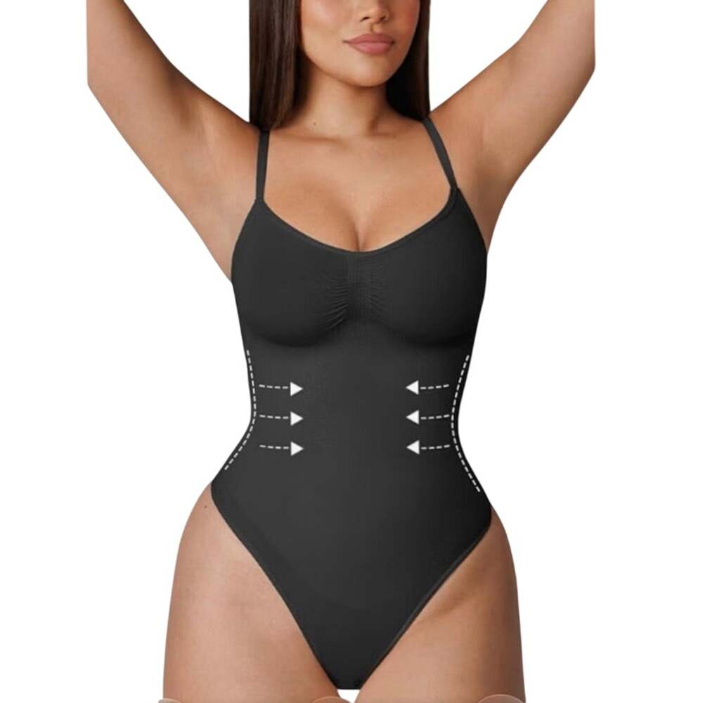 FEELINGIRL Women’s Bodysuit Size XS/S Black V Neck Ruched Adjustable Strap NWT